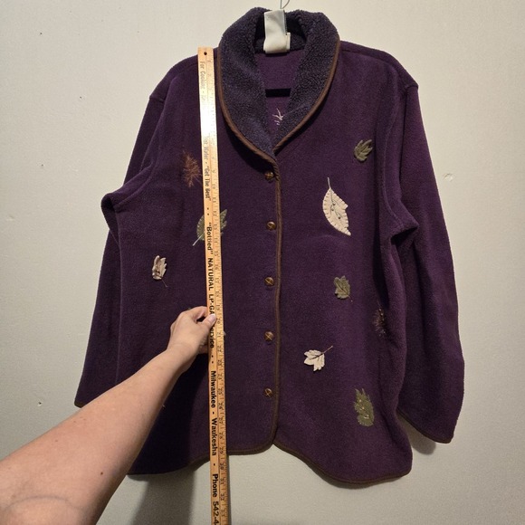 Vintage 90s Y2K Fleece Jacket Cardigan Womens LG Purple Embroidery Leaves Fall - Picture 9 of 11